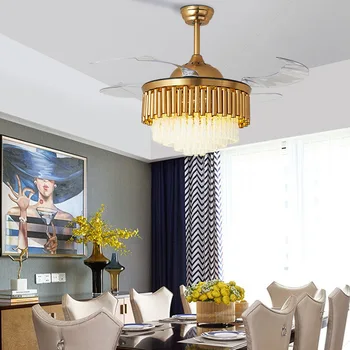 Moderní Crystal Gold Ventilátor Lampa Obývací Pokoj Jídelna Neviditelné Stropní Ventilátor Lampa Luxusní Fan Lustr světlo Dálkové Ovládání
